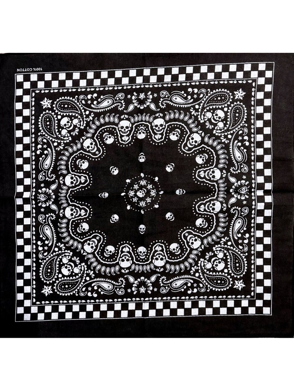 Black and White Skull Pattern Cotton Bandana Scarf with Checkered Border